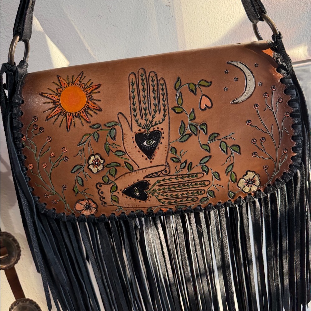 Handmade Brown Leather Fringe Shoulder Bag with Black Heart Eye Motif - Picture 7 of 7